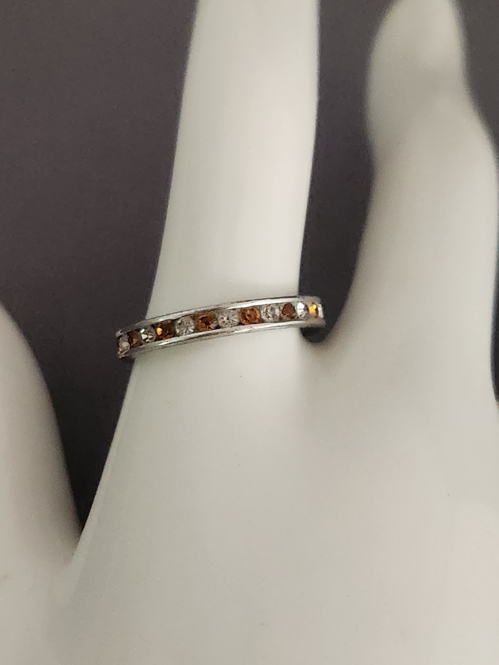 Silver Band Ring with Amber And Clear Channel-Set Stones